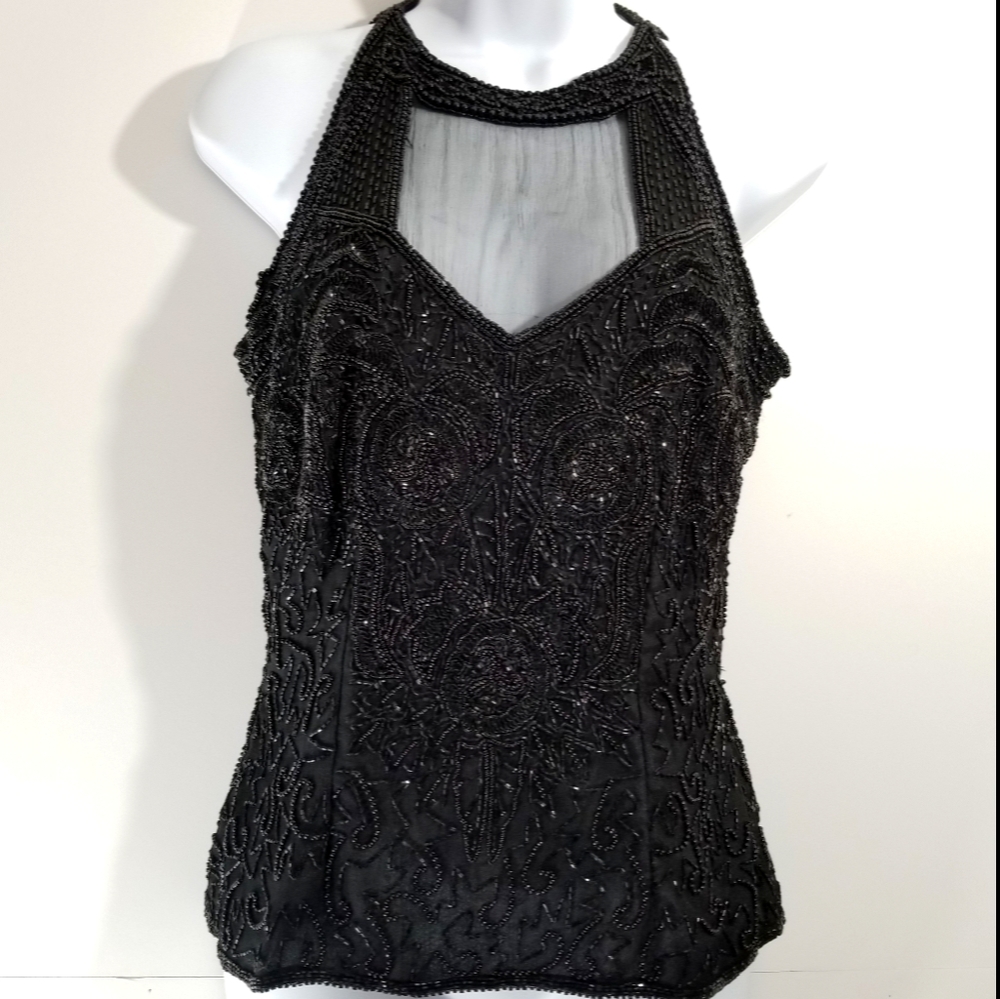 NWOT Papell Boutique Black Sequin Beaded Top Sz.S